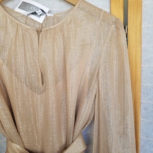 Intermix Women's Margot Metallic Striped Georgette Dress Size 10 NWT Gold Lamé - Picture 3 of 12